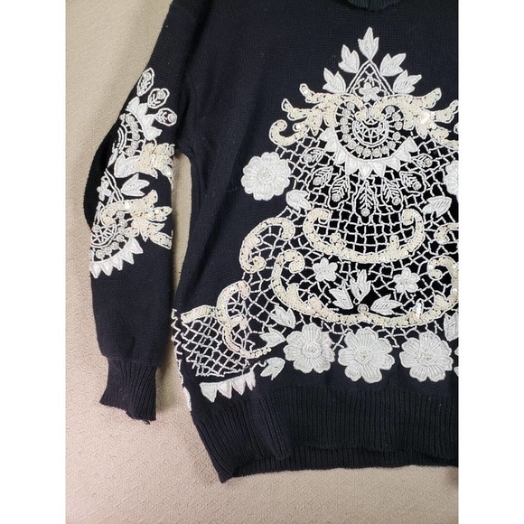 Bonnie Boerer Sweater Womens Small Black V-Neck Sequin Bling Trim Knit Pullover - Picture 2 of 10